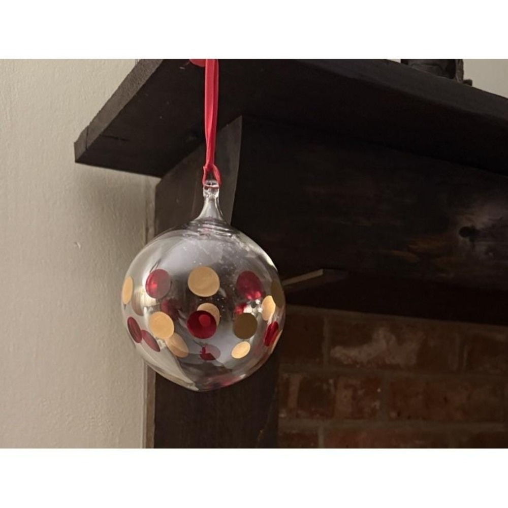 Hand  blown vintage glass ball Christmas ornament  red and gold Indented dots